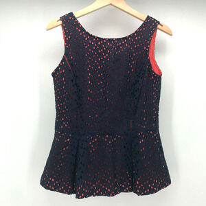 Gianni Bini Top Womens 4 Navy Blue Eyelet Lace Peplum Coral Lining Sleeveless